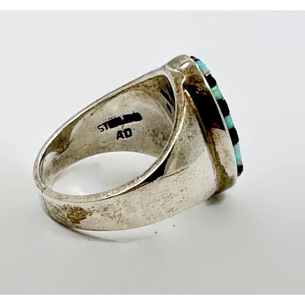 Vintage Zuni Opal & Black Onyx Inlaid Sterling Silver Ring, Size 11